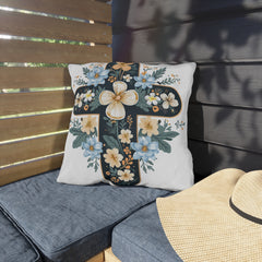 Floral Cross Outdoor Pillow — Blue & Cream Garden Accent