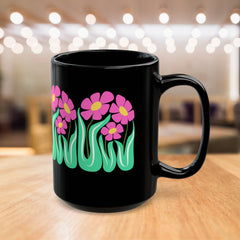 Black Floral Mug — Pink Retro Flowers on Black Coffee Cup (11oz & 15oz)