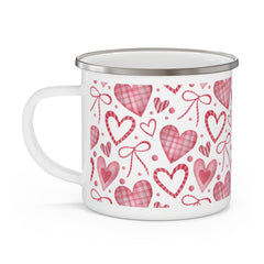 Valentine Heart Pattern Enamel Camping Mug — Pink Plaid Hearts Travel Cup