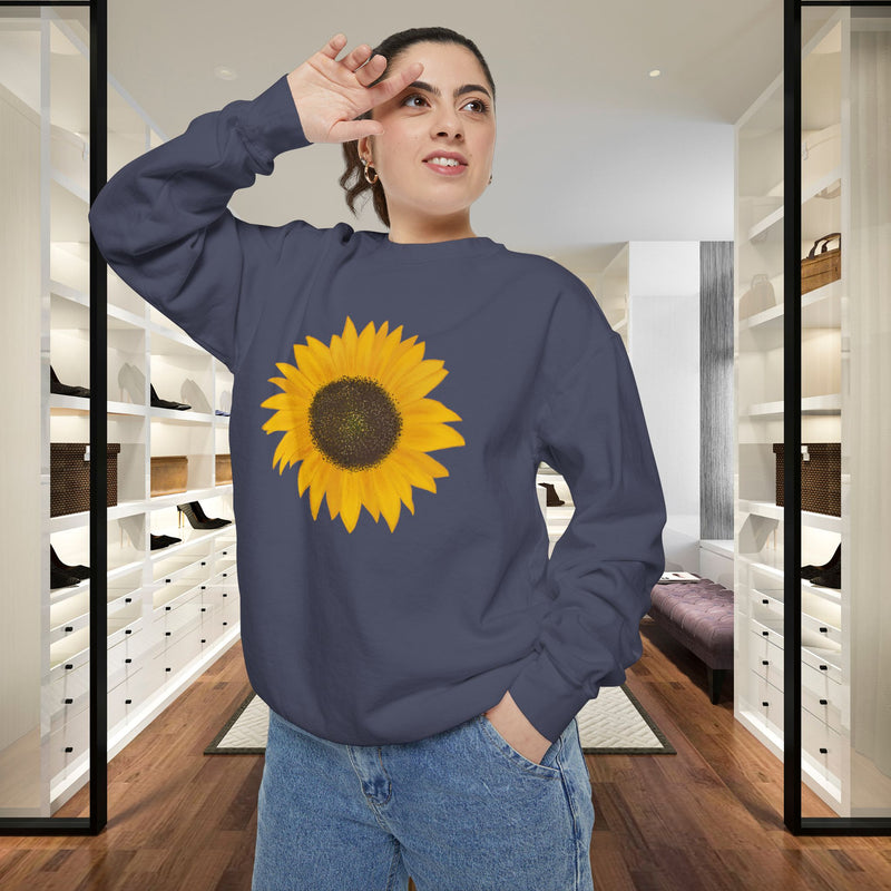 Sunflower Unisex Garment-Dyed Sweatshirt - Cozy Floral Pullover for Spring, Gifts, Stylish Casual Wear, Eco-Friendly Apparel