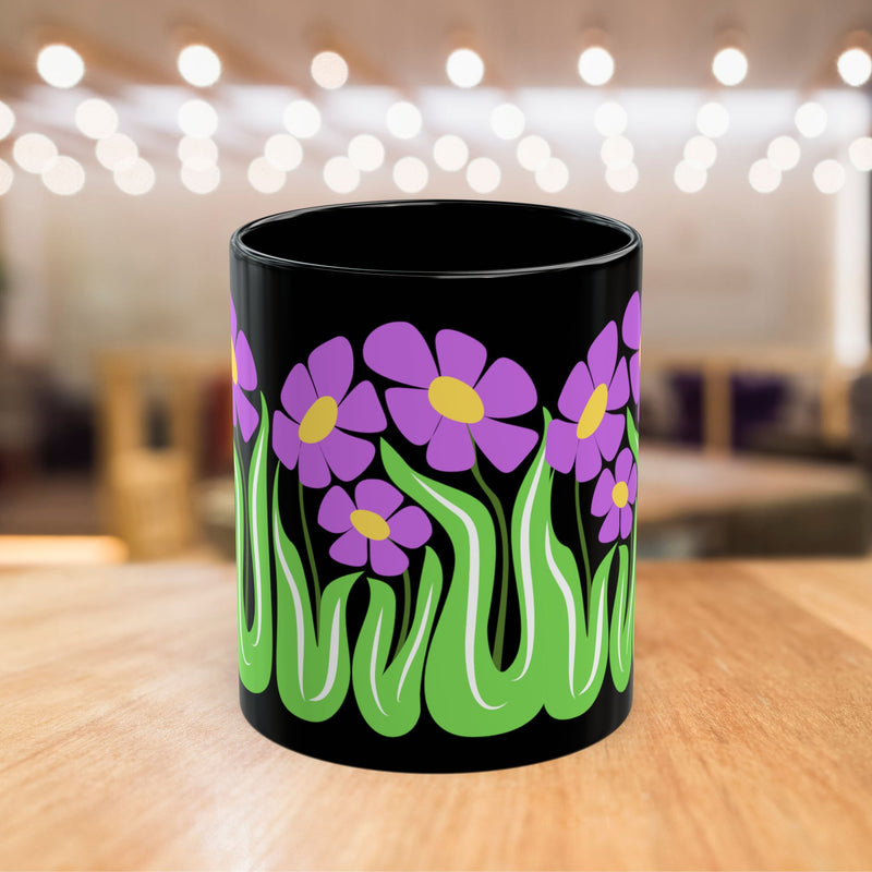 Purple Flower Garden Black Mug — Floral Coffee Cup (11oz/15oz)