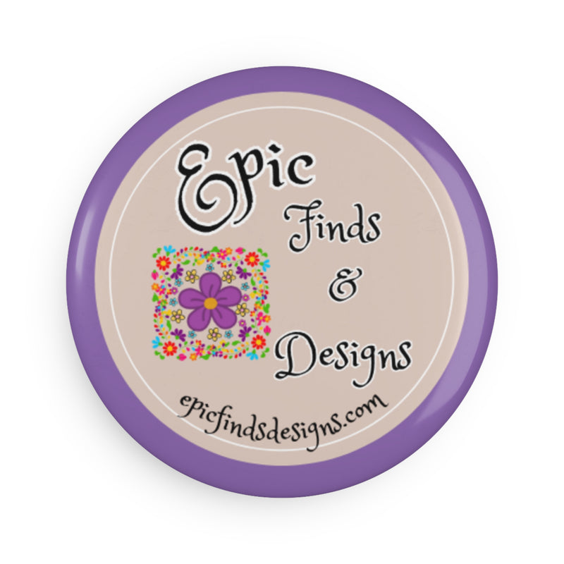 Purple Round Button Magnet – “Epic Finds & Designs” Floral Logo Refrigerator Magnet