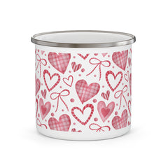 Valentine Heart Pattern Enamel Camping Mug — Pink Plaid Hearts Travel Cup