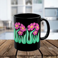 Black Floral Mug — Pink Retro Flowers on Black Coffee Cup (11oz & 15oz)