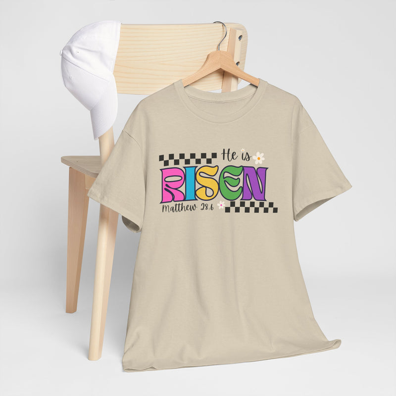 He Is Risen T-Shirt — Colorful Easter Christian Tee (Matthew 28:6)