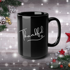 Thankful Black Mug, 15oz Coffee Cup for Gratitude Gifts,