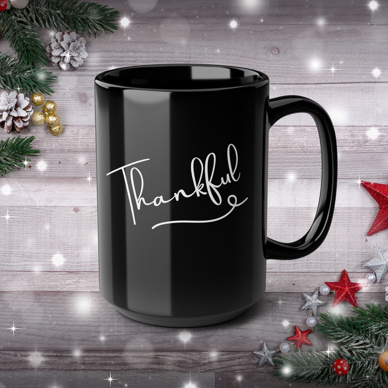 Thankful Black Mug, 15oz Coffee Cup for Gratitude Gifts,