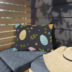 Easter Egg Pattern Outdoor Pillow — Pastel Eggs & Greens on Dark
