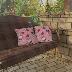 Valentine Gnome Outdoor Pillow — Pink Heart Pattern