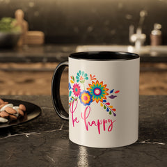 Be Happy Floral Mug — Colorful 11oz & 15oz Ceramic Coffee Mug