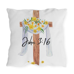 John 3:16 Cross with Daffodils Christian Decor Throw Pillow