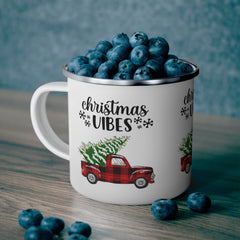 Christmas Vibes Plaid Truck Enamel Camping Mug