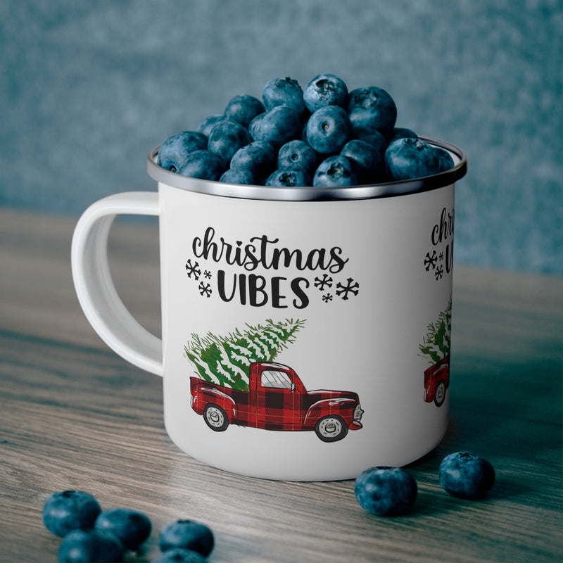 Christmas Vibes Plaid Truck Enamel Camping Mug