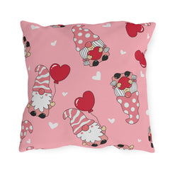 Valentine Gnome Outdoor Pillow — Pink Heart Pattern