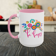 Be Happy Floral Mug — Colorful 11oz & 15oz Ceramic Coffee Mug