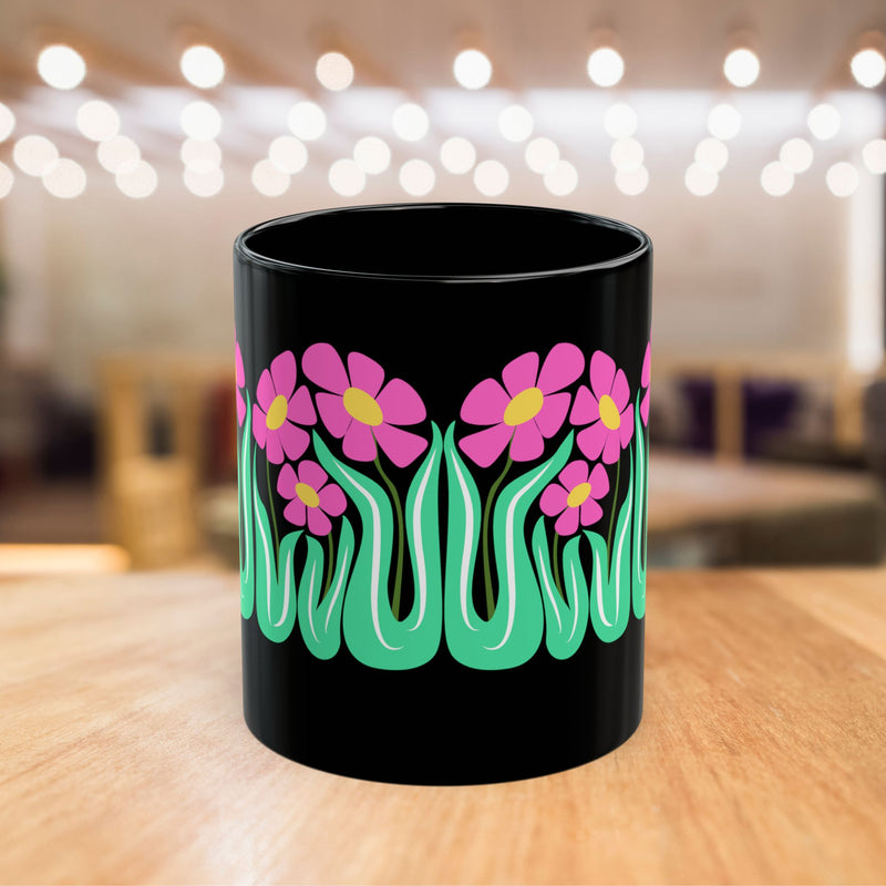 Black Floral Mug — Pink Retro Flowers on Black Coffee Cup (11oz & 15oz)