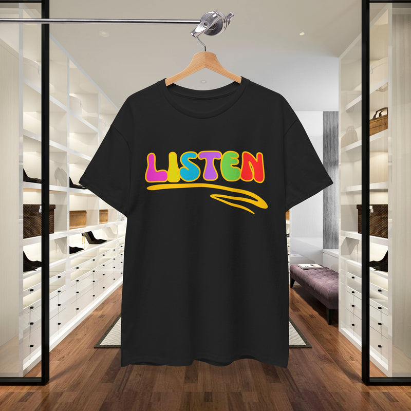 Listen Colorblock Tee — Playful Retro Graphic T-Shirt