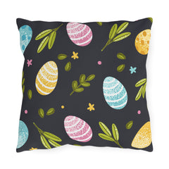 Easter Egg Pattern Outdoor Pillow — Pastel Eggs & Greens on Dark
