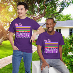 He Is Risen Tee — Retro Stripes Easter Christian T-Shirt