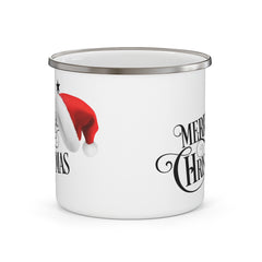 Merry Christmas Enamel Camping Mug — Vintage Script & Santa Hat Holiday Mug