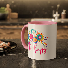 Be Happy Floral Mug — Colorful 11oz & 15oz Ceramic Coffee Mug
