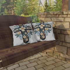 Floral Cross Outdoor Pillow — Blue & Cream Garden Accent