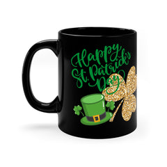 Happy St. Patrick's Day Coffee Mug — Black 11oz with Shamrock & Leprechaun Hat