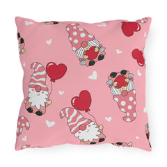 Valentine Gnome Outdoor Pillow — Pink Heart Pattern