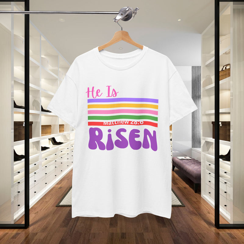 He Is Risen Tee — Retro Stripes Easter Christian T-Shirt