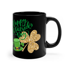 Happy St. Patrick's Day Coffee Mug — Black 11oz with Shamrock & Leprechaun Hat