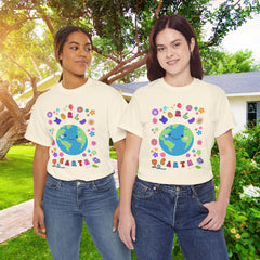 Earth Day Graphic Tee — 'World Earth' Cute Globe & Flowers T-Shirt