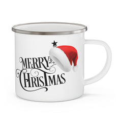 Merry Christmas Enamel Camping Mug — Vintage Script & Santa Hat Holiday Mug