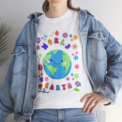 Earth Day Graphic Tee — 'World Earth' Cute Globe & Flowers T-Shirt
