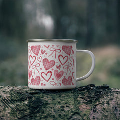 Valentine Heart Pattern Enamel Camping Mug — Pink Plaid Hearts Travel Cup