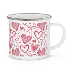 Valentine Heart Pattern Enamel Camping Mug — Pink Plaid Hearts Travel Cup