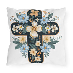 Floral Cross Outdoor Pillow — Blue & Cream Garden Accent
