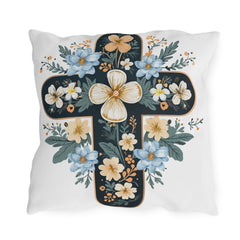 Floral Cross Outdoor Pillow — Blue & Cream Garden Accent