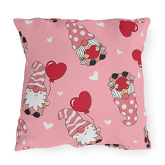 Valentine Gnome Outdoor Pillow — Pink Heart Pattern