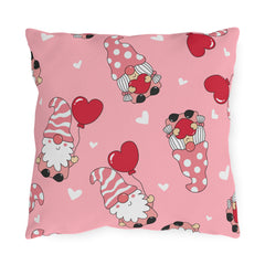 Valentine Gnome Outdoor Pillow — Pink Heart Pattern