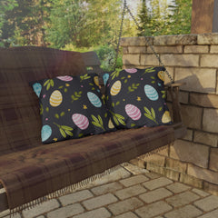 Easter Egg Pattern Outdoor Pillow — Pastel Eggs & Greens on Dark
