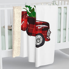 White Christmas Vibes Sherpa Blanket — Plaid Truck & Tree Holiday Throw
