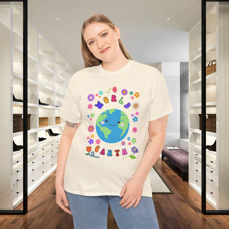 Earth Day Graphic Tee — 'World Earth' Cute Globe & Flowers T-Shirt