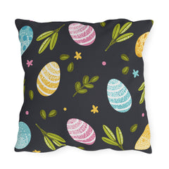 Easter Egg Pattern Outdoor Pillow — Pastel Eggs & Greens on Dark