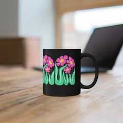 Black Floral Mug — Pink Retro Flowers on Black Coffee Cup (11oz & 15oz)