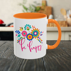 Be Happy Floral Mug — Colorful 11oz & 15oz Ceramic Coffee Mug