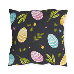 Easter Egg Pattern Outdoor Pillow — Pastel Eggs & Greens on Dark