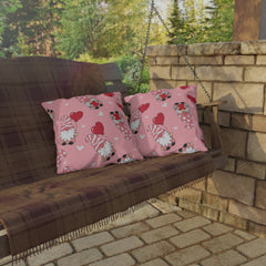 Valentine Gnome Outdoor Pillow — Pink Heart Pattern