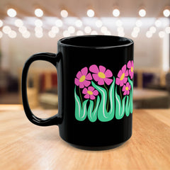 Black Floral Mug — Pink Retro Flowers on Black Coffee Cup (11oz & 15oz)