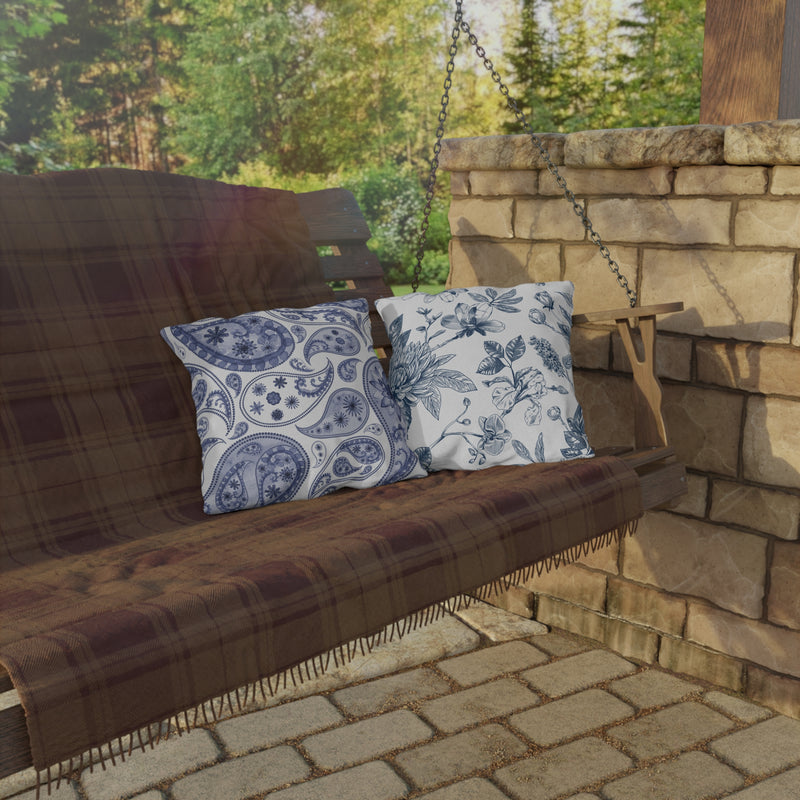 Reversible Blue Floral Paisley Outdoor Pillows