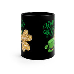 Happy St. Patrick's Day Coffee Mug — Black 11oz with Shamrock & Leprechaun Hat